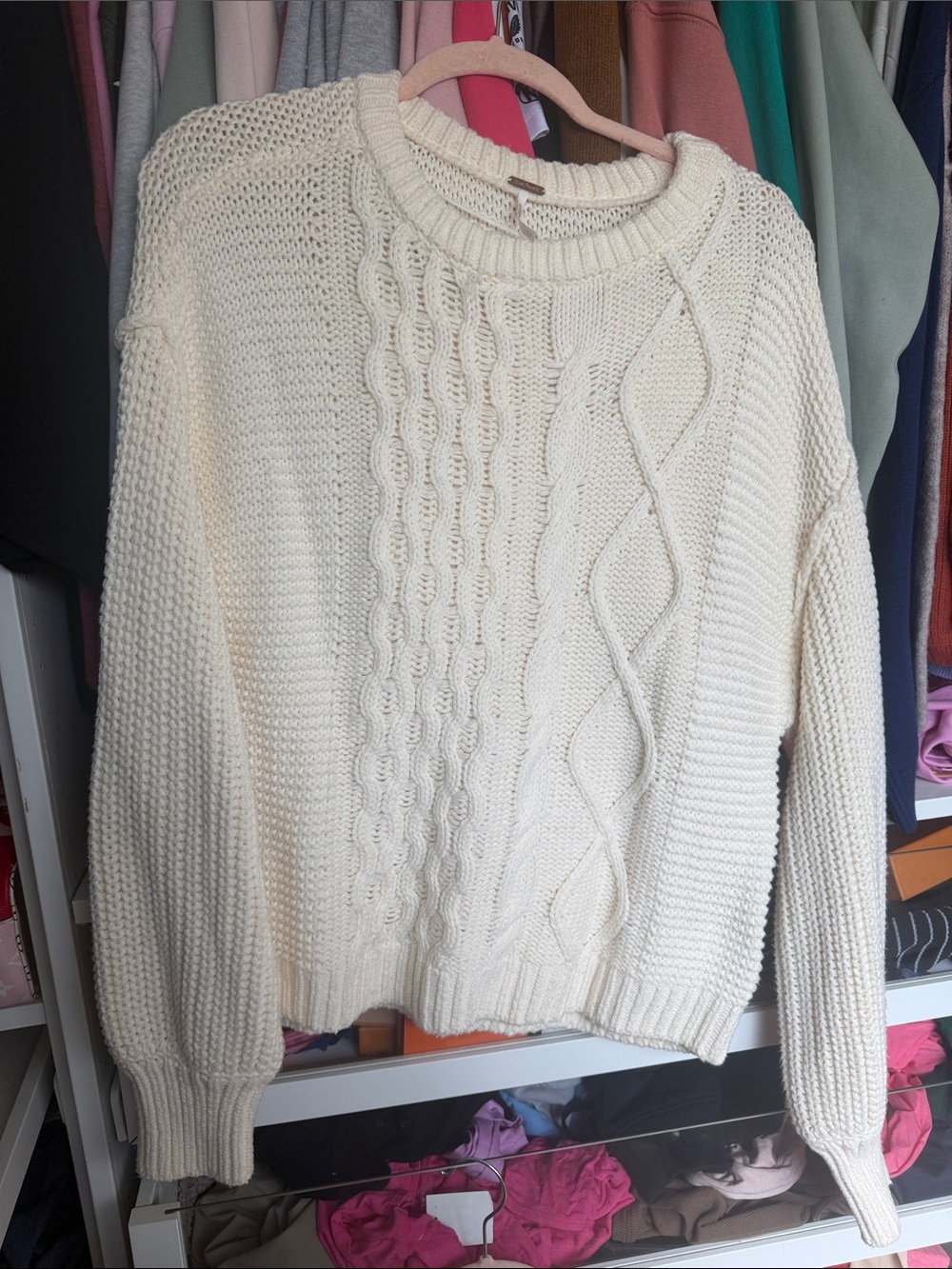 Free People Cream Cable Knit Crewneck Sweater